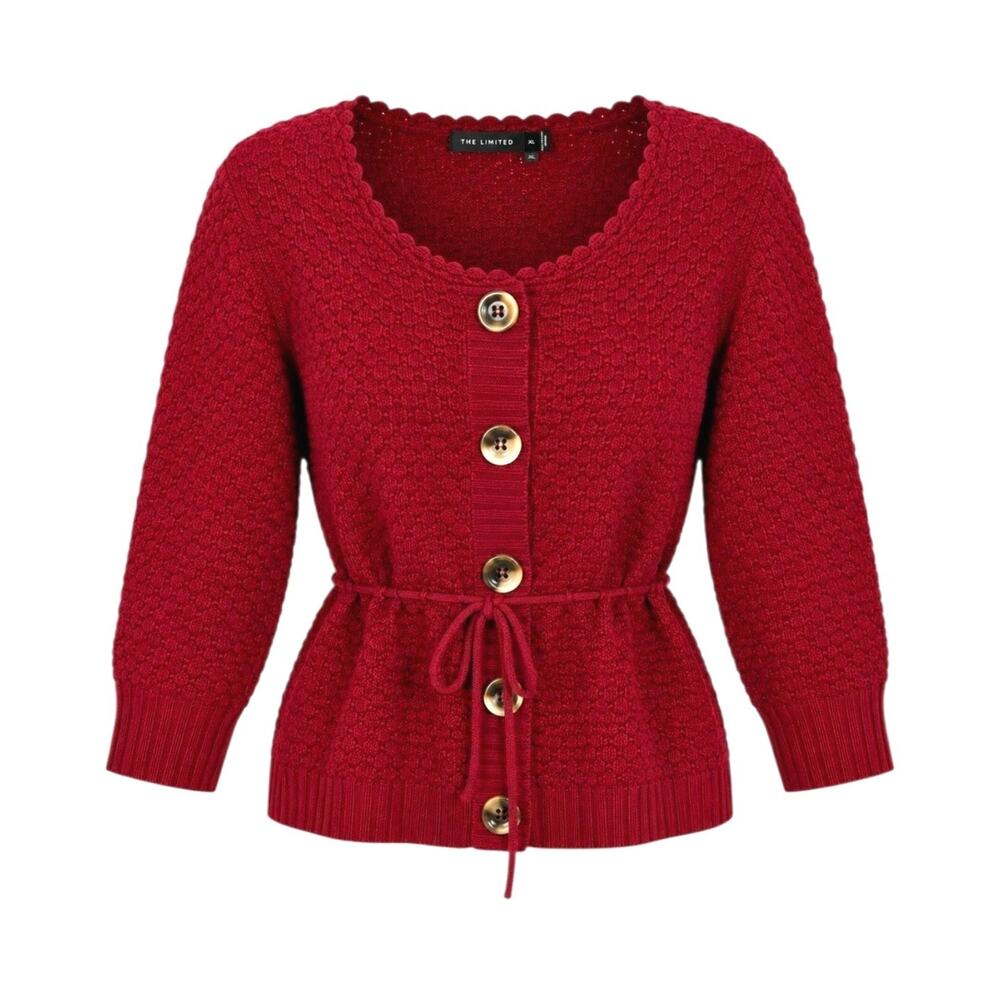 The Limited Y2K Textured Knit Cardigan Sweater Tie Waist Button Front Peplum XL